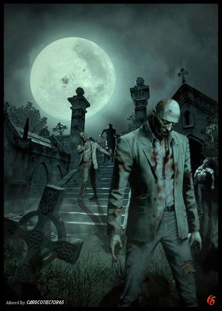 a group of zombies walking up the stairs in front of a full moon and cemetery