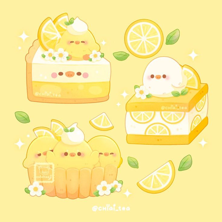 three slices of cake with lemons and cats on them