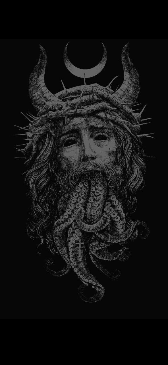 a black and white drawing of jesus with his head in the middle of an octopus