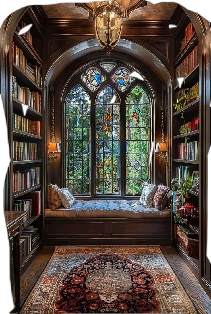 a room that has some bookshelves and a rug on the floor in front of it