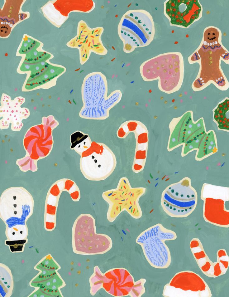 an image of christmas stickers on a blue background with snowmen and candy canes