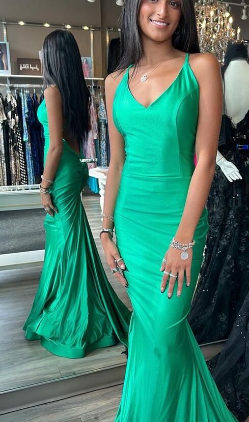 Green Sweep Train Dress For Prom Season, Fitted V-neck Gown For Prom Season, Sleeveless Green Dresses With Sweep Train, Sleeveless Green Dress With Sweep Train, Green Sleeveless Dress With Sweep Train, Green Dress With Fitted Bodice For Prom Season, Green Fitted Maxi Length Bodycon Dress, Fitted Green Gown With Mermaid Hem, Fitted Green Mermaid Hem Gown