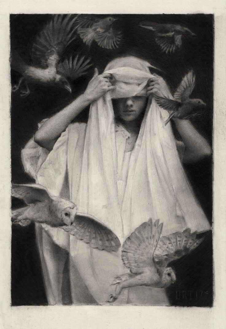 a black and white photo of a woman holding her head with birds flying around her