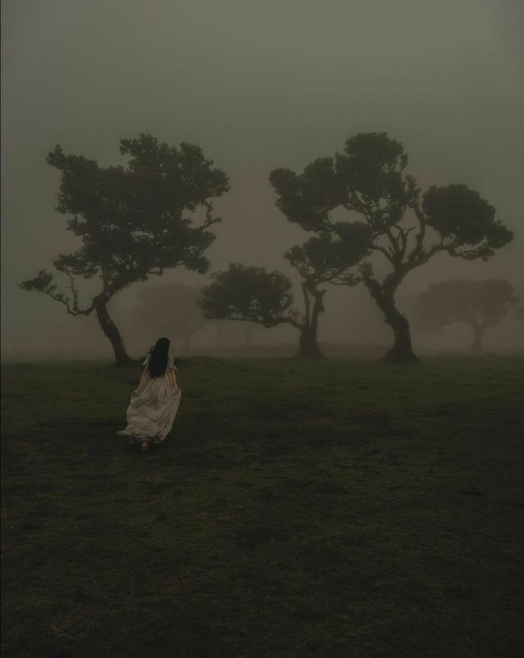 a woman in a white dress is walking through the foggy grass with trees behind her