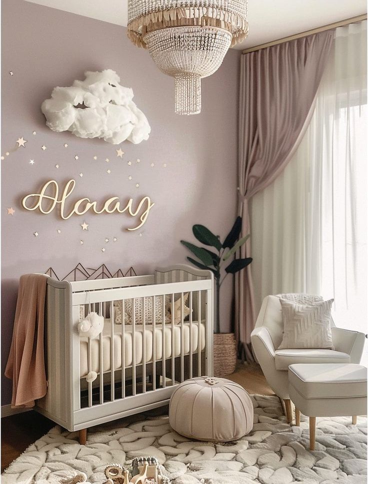 a baby's room with a crib, chair and chandelier