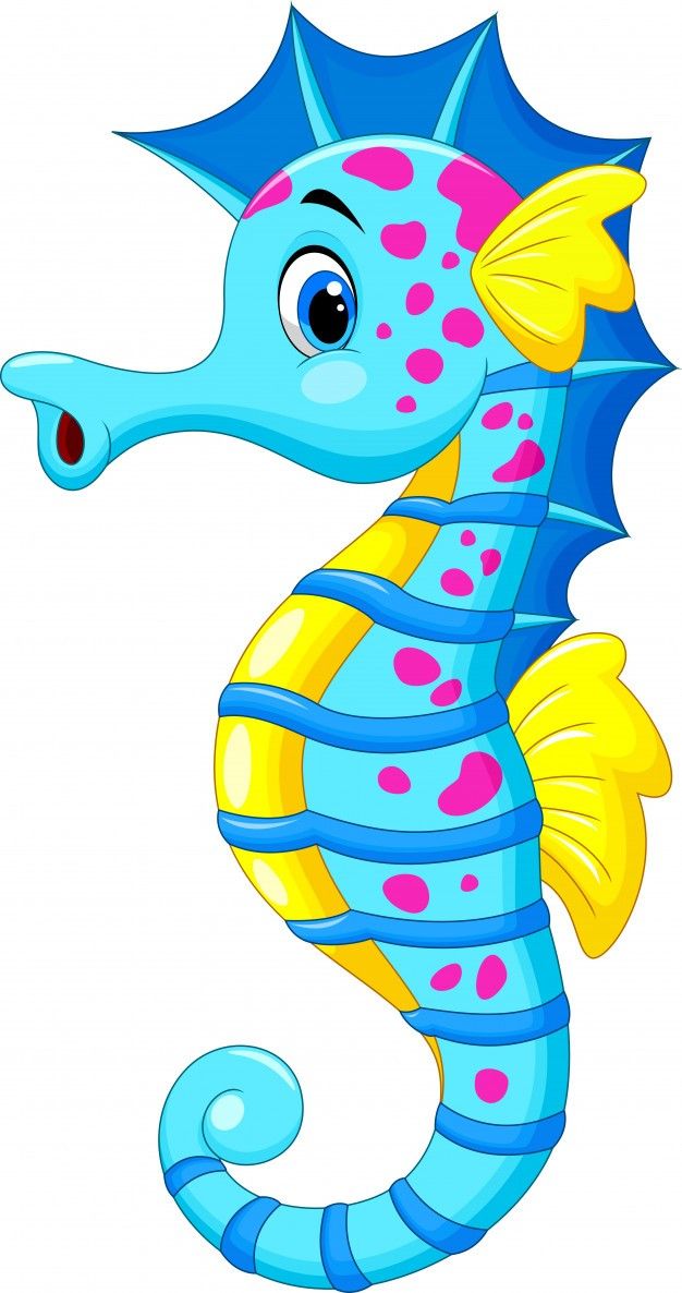 a cartoon sea horse with blue and yellow stripes on it's head, standing upright