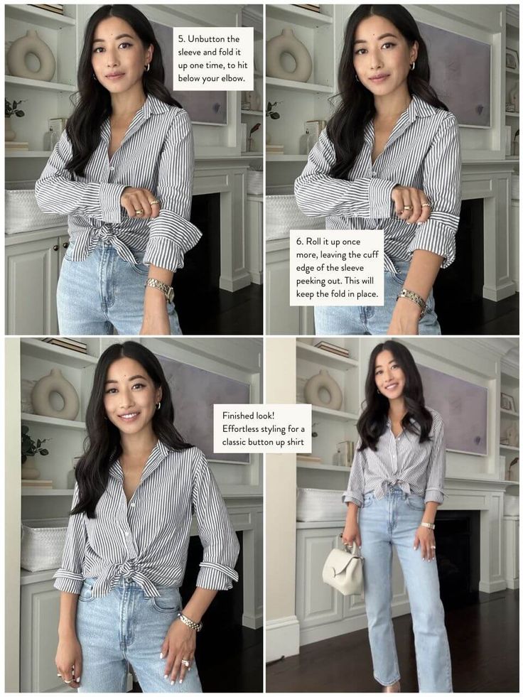 Roll Sleeves Women How To, How To Roll Cuffs Sleeve, How To Roll Sleeves Women Shirts, Roll Up Sleeves Women How To, Roll Sleeves, Tied Button Up Shirt Outfit, Button Down Shirt Outfit Work, How To Style Long Sleeve Button Up, How To Roll Up Sleeves