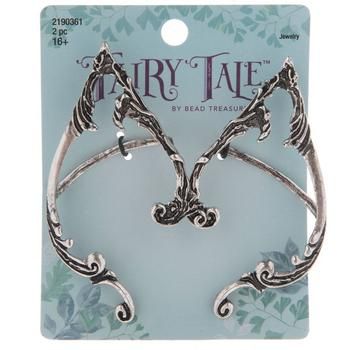 Accessorize in a way that complements your fun and fanciful style with these Ornate Elf Ear Earrings. These whimsical metal earrings have an antique silver finish, are shaped like pointed elf ears, and are adorned with a variety of ornate embellishments. In addition to the post that is inserted into your piercing, there is a metal band that slips over the top of your ear to help hold it in place. Showcase your unique style! Details: 	 Length: 2 13/16" 	 Width: 1 3/4" 	 Metal Color: Silver Card c Crazy Earrings, Cheap Cosplay, Fairy Grunge Aesthetic, Elf Ear, Silver Card, Cute Animal Quotes, Fantasy Earrings, Crochet Motif Patterns, Elf Ears