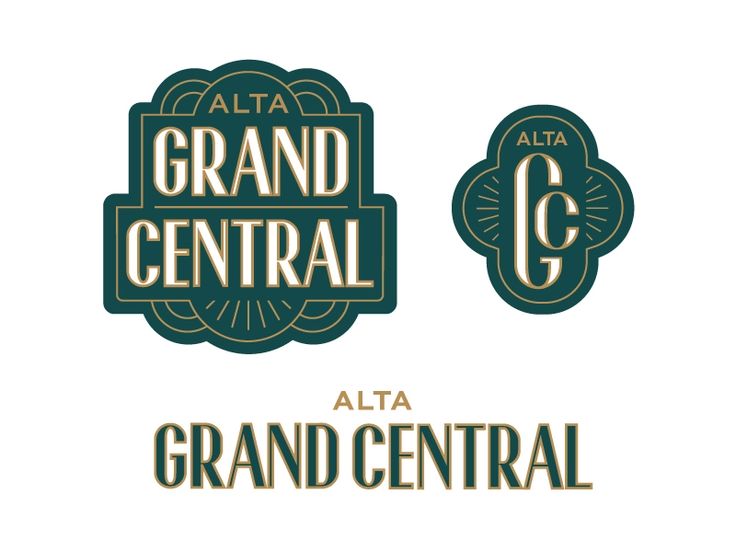 two logos for the grand central hotel and casino, with gold lettering on white background