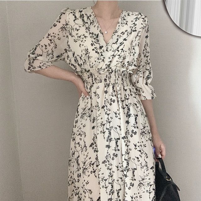 Women Vintage Korea Fashion Clothing Summer Slim Elastic Waist A Line V Neck Elegant Dress Autumn Fabric, Chiffon Long Dress, Elastic Waist Dress, Elegant Office, Dress Retro, Clothing Summer, Vintage Material, Vestidos Vintage, Korea Fashion