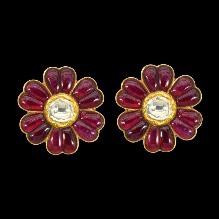 Tops Gold Earrings, Ruby Round Fusion Earrings, Traditional Multicolor Ruby Earrings, Ruby Gemstone Round Earrings, Ruby Flower Earrings, Ruby Top, Ruby Earring, Tops Gold, Ceremonial Ruby Meenakari Earrings