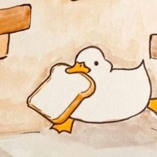 a drawing of a duck holding a piece of bread