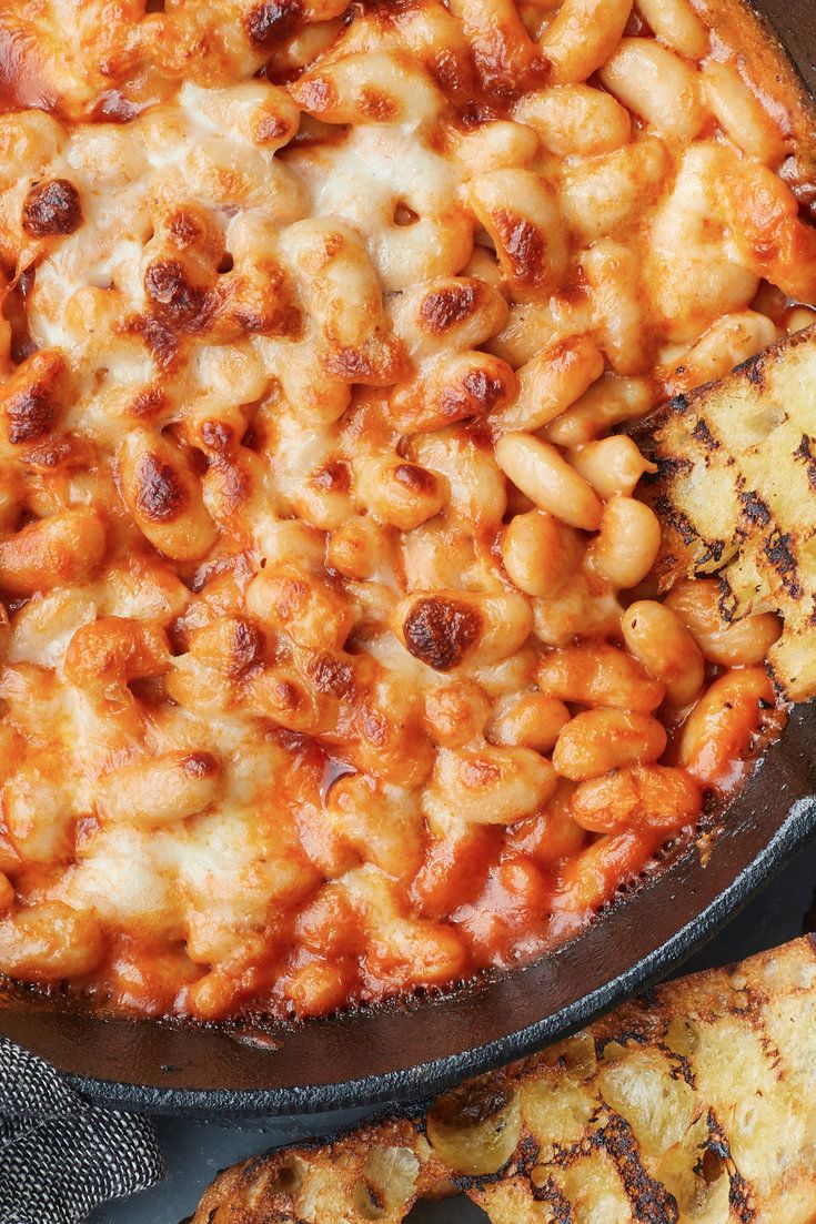 a skillet filled with macaroni and cheese