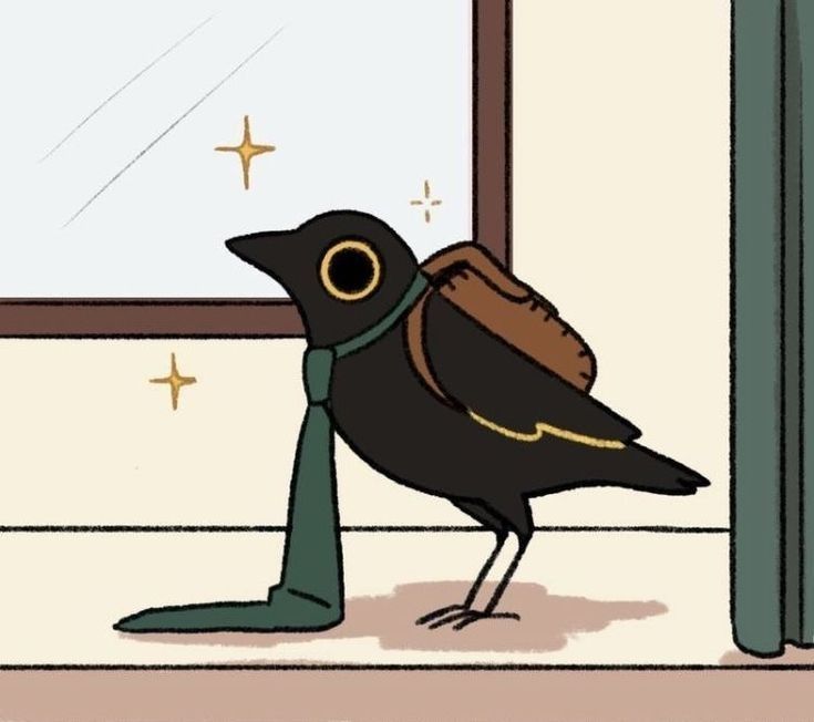 a black bird standing next to a window in front of a green pole with a brown bag on it's head