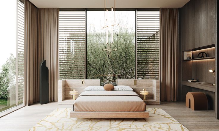 a large bed sitting in a bedroom on top of a wooden floor next to a window