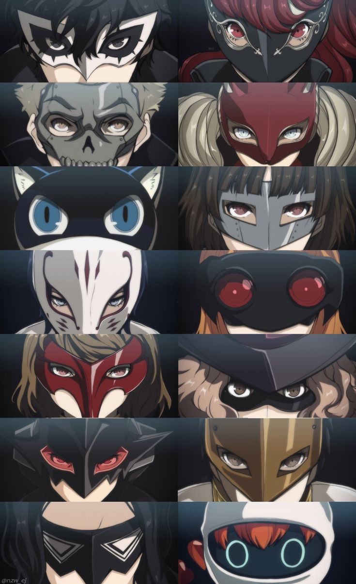 six different anime characters with red hair and blue eyes, all wearing cat masks on their faces