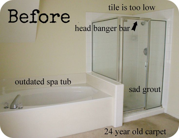 a bathroom with a tub, shower and toilet labeled before it's remodel