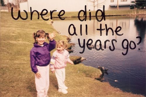 two young children standing next to each other near a lake with the words, where did all the years go?