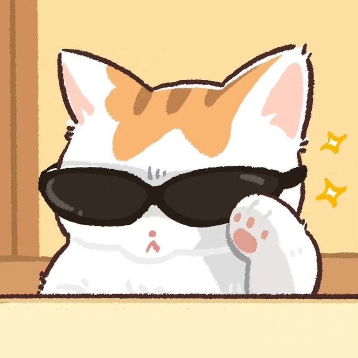 a cartoon cat wearing sunglasses and sitting on the floor with its paw up to it's face