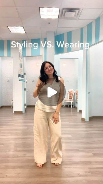 Miranda Lawton on Instagram: "Wearing vs. Styling your linen pants this summer!  Stop trying to hide your tummy and do a simple tuck in, it defines your waist and that looks good on EVERY body! 🥰 I’m wearing our striped Henley Tank Top in a size medium, our Soft Linen High Rise Cargo Wide Leg Pant in a size 12 (I sized up since linen has zero stretch and I wanted a comfortable flowy fit), and our super comfortable SuperCush Aubrey Wedges in an 8. ☀️🕶️ #discovermaurices Never underestimate the power of the right accessories and hairstyle to complete your outfit. #discovermaurices #fashiontips #styleinspo #midsizefashion" How To Style Palazzo Pants, Wide Leg Linen Pants Outfit, Mid Size Fashion, Stop Trying, Never Underestimate, Wide Leg Pant, Linen Pants, This Summer, Wide Leg Pants