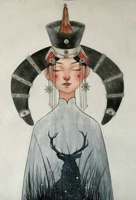 a drawing of a woman with an antelope on her head