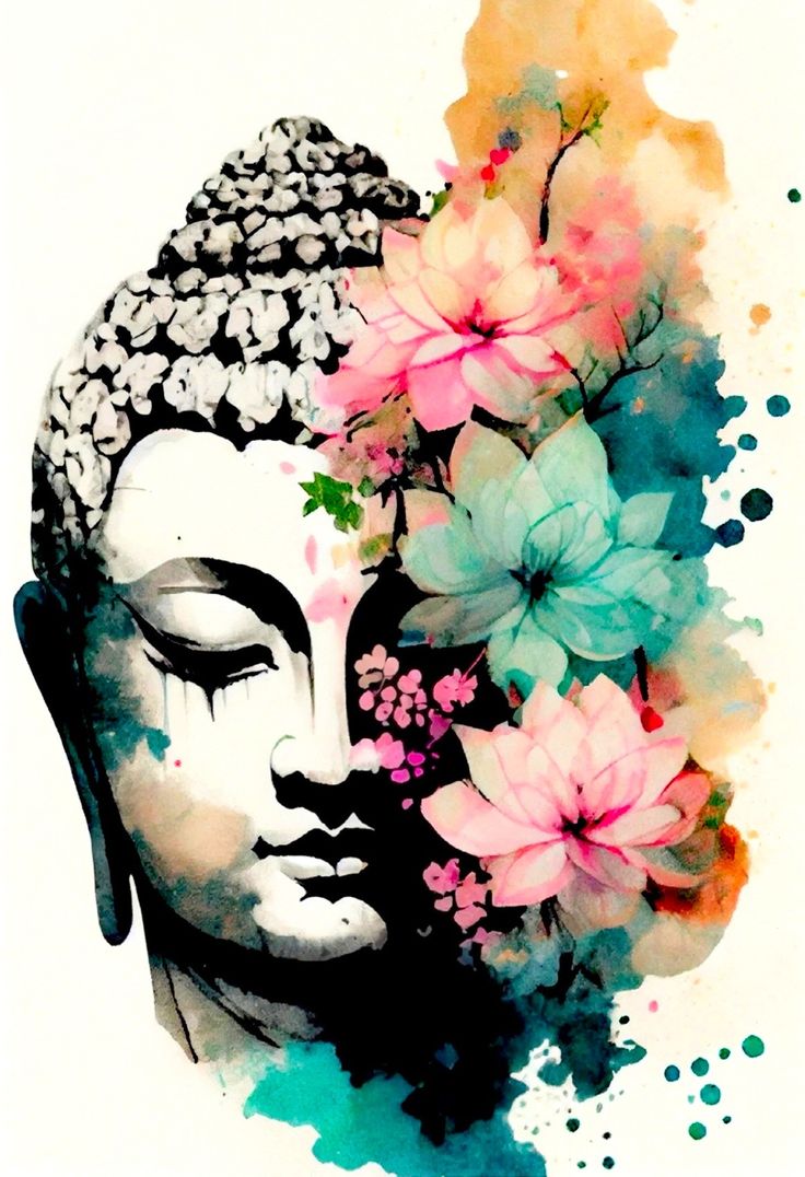 a painting of a buddha with flowers in her hair and eyes closed to the side