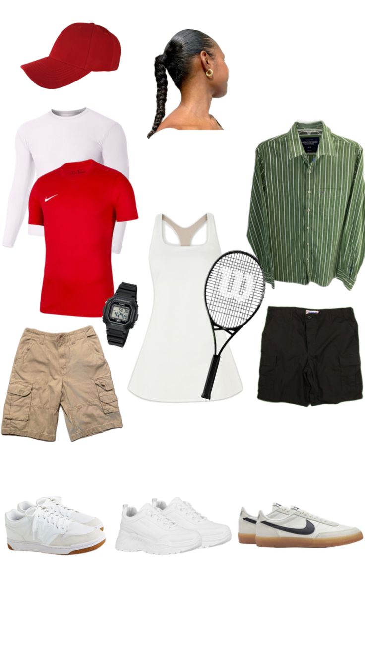 an assortment of clothing and accessories including tennis racket, shirt, shorts, watch