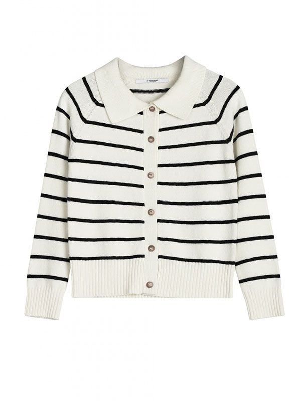 Editor's NotesAVANDRESS' striped collar knit cardigan. Knit cardigan with a stripe pattern and a collared neck. You can enjoy a comfortable wearing experience because the knit cardigan has a soft texture and a relaxed fit. The knit cardigan is perfect for women for casual outfits.- Striped collar knit cardigan- Has a stripe pattern- Has a collared neck- Ribbed hem and sleeves- Button-up for closure Measurements (inch)- Length: 21.2 inch- Shoulder: 20 inch- Chest: 17.7 inch- Sleeve: 25.9 inc Classic Fall Polo Sweater With Striped Collar, Classic Striped Sweater With Ribbed Collar, Casual Striped Collar Cardigan For Fall, Casual Fall Cardigan With Striped Collar, White Polo Sweater With Striped Collar For Fall, Classic Winter Polo Sweater With Striped Collar, Fall Striped Collared Polo Sweater, Winter Striped Collared Sweater, Cardigan Knit