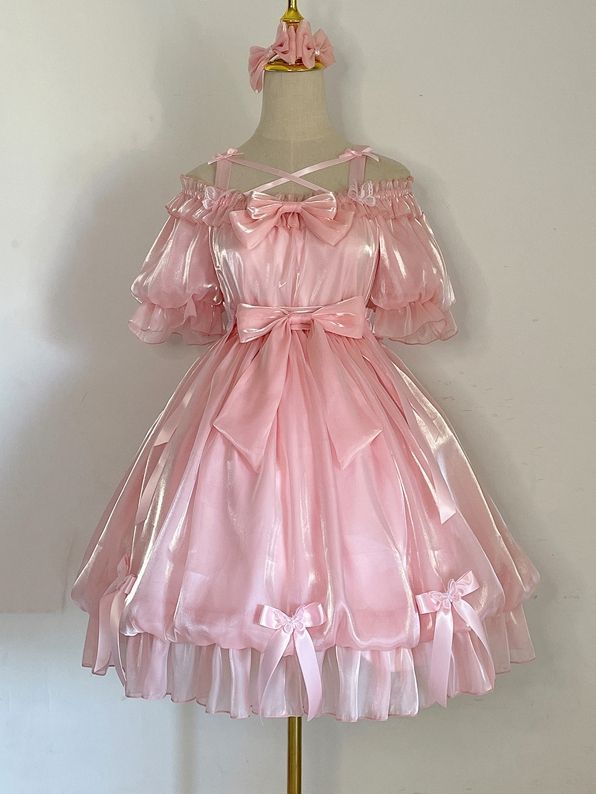 Kawaii Dresses With Bow, Fairy Kei Party Dress With Bow, Cute Party Dresses With Bow Straps, Cute Party Dresses With Ribbon, Idol Costume, Fem Outfits, Magical Girl Outfit, Clothing Reference, Ethereal Dress