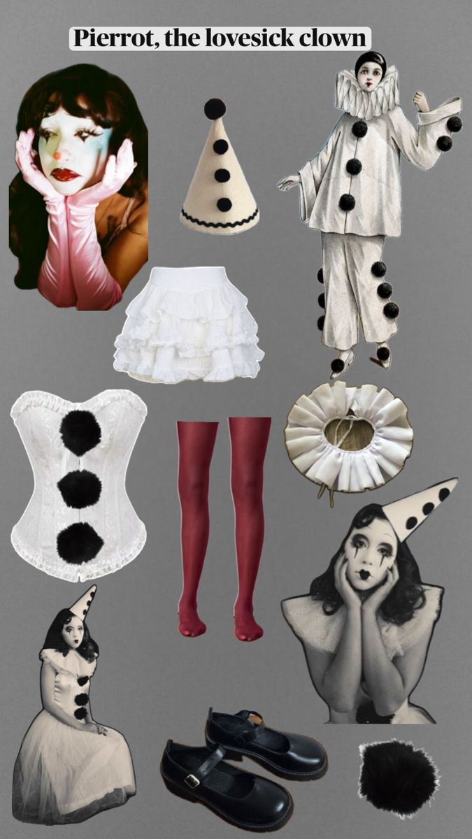 the paper doll is dressed up as a clown and other costume items are shown in black and white