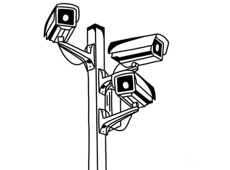 two security cameras attached to a pole on a white background coloring pages, coloring sheets, outdoor lighting, street lights, black and white pictures, drawings, person, clip art, drawing, line