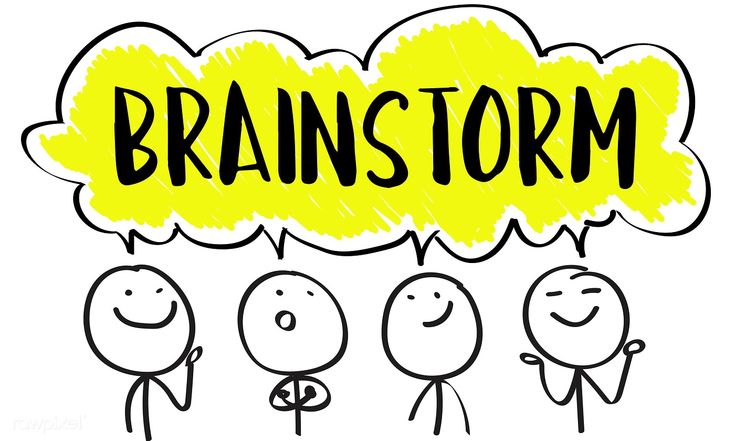 the words brainstorm written in black and yellow above three cartoon figures with speech bubbles