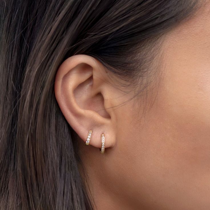 Pave Crystal Gold Huggie Hoop Earrings | Minimal Dainty Jewelry – AMY O Jewelry Piercing Ideas Simple, Ear Piercing Ideas Simple, 2nd Ear Piercing Ideas, Simple Piercings, 2nd Lobe Piercing, 2nd Ear Piercing, Second Ear Piercing, Double Ear Piercings, Tattoo And Piercings