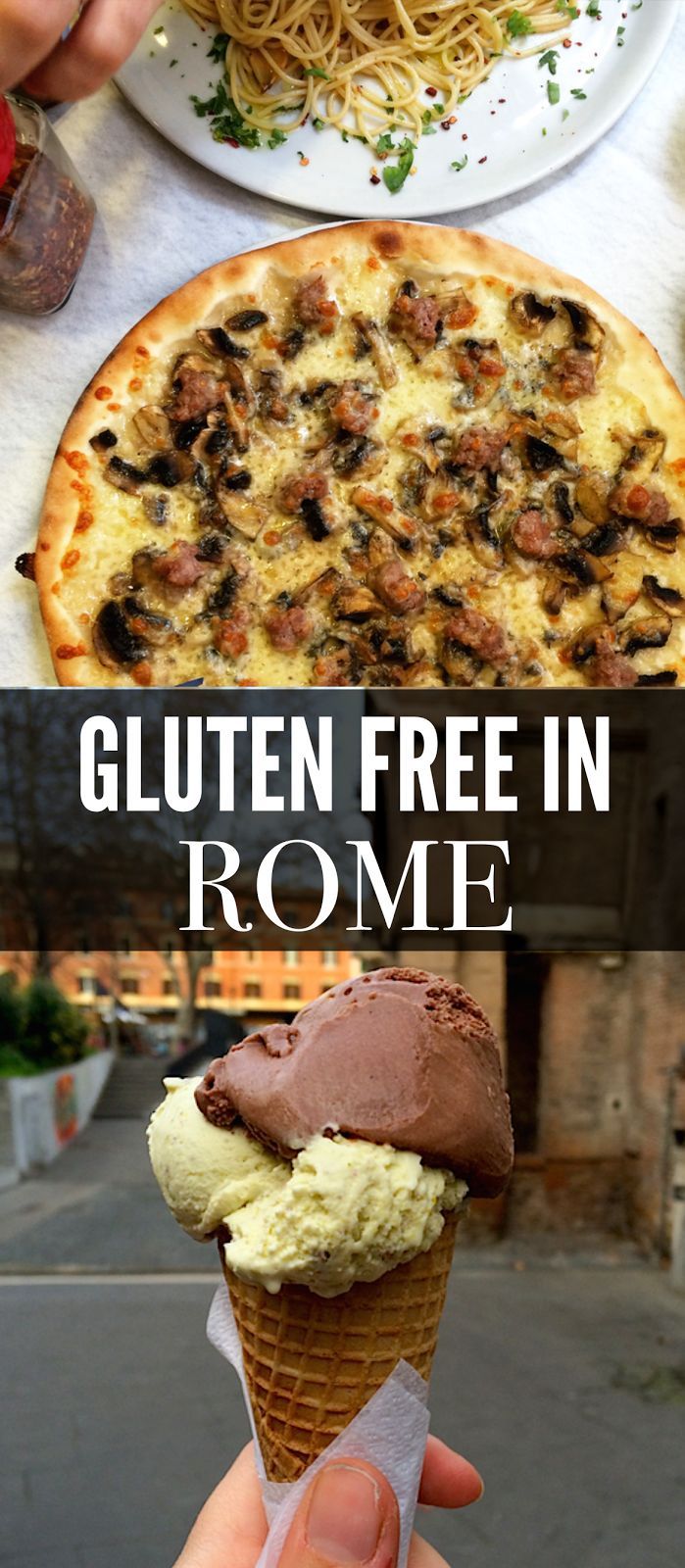 a person holding an ice cream cone in front of a plate of food with the words gluten free in rome