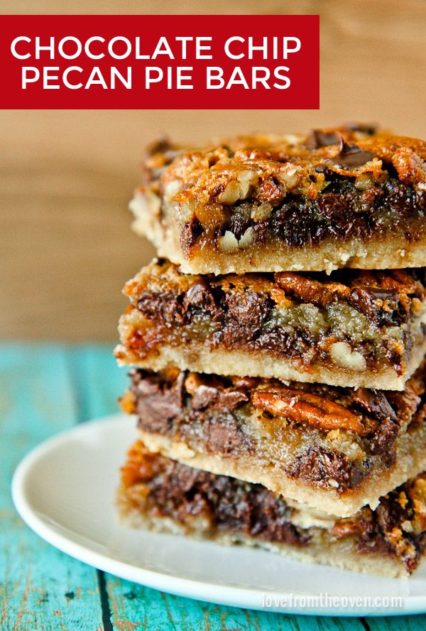 chocolate chip pecan pie bars stacked on top of each other with text overlay