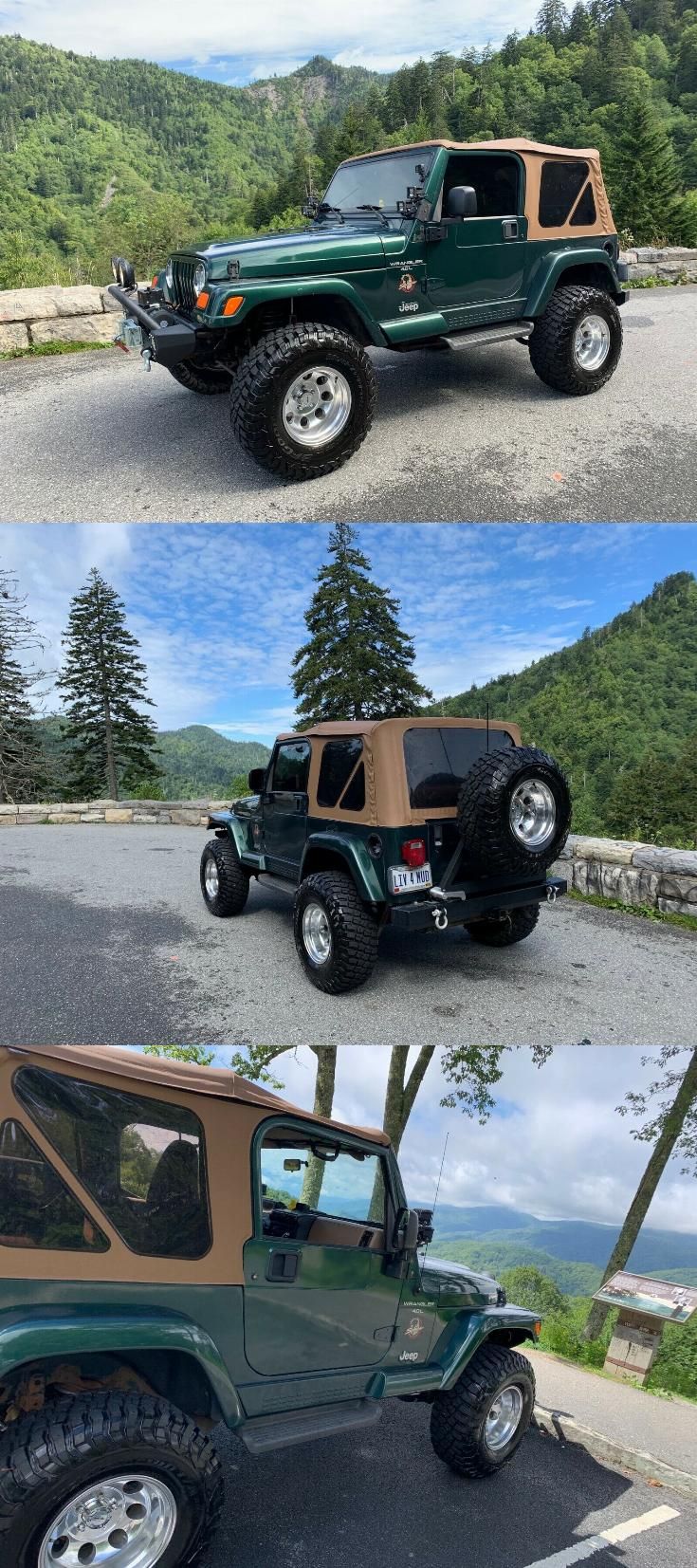 three different jeeps parked on the side of a road with mountains in the background