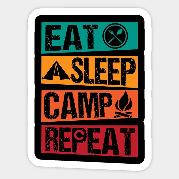 the eat sleep camp repeat sticker is shown in red, orange and green colors