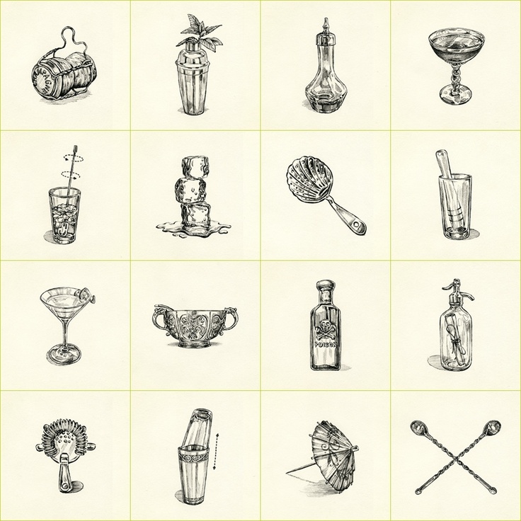 an old fashioned drawing of different types of drinks and condiments in black ink