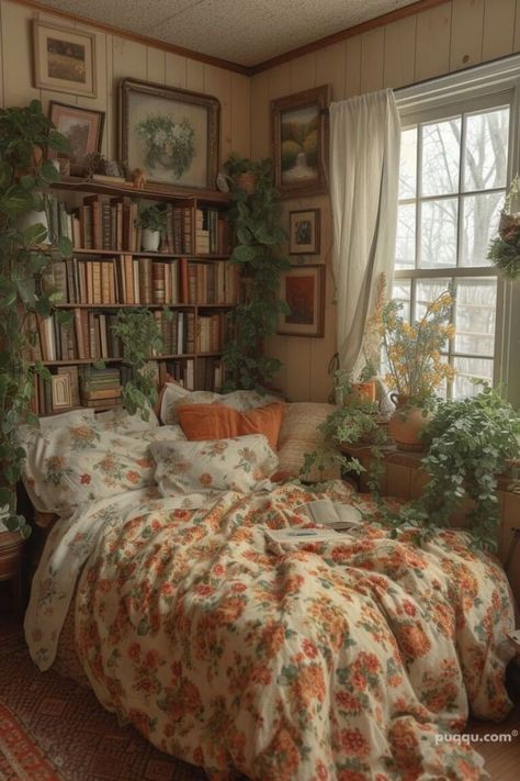 a bed sitting under a window next to a book shelf filled with lots of books