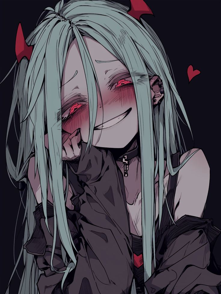 an anime character with long white hair and red eyes, holding her hand to her face