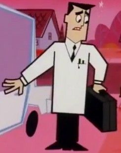 a man in a lab coat holding a briefcase and standing next to a pink background