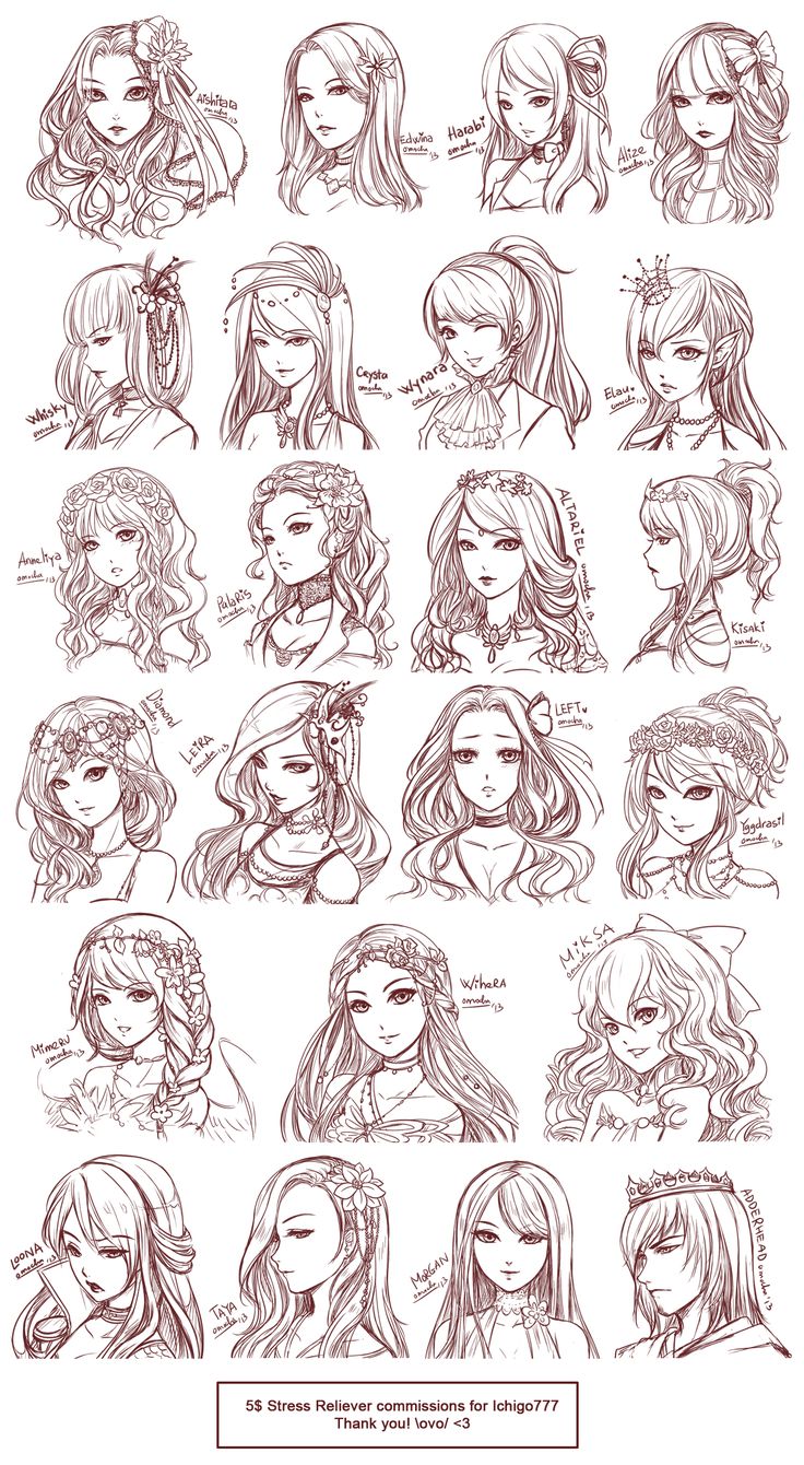 some drawings of girls with long hair and different facial expressions, all drawn by hand