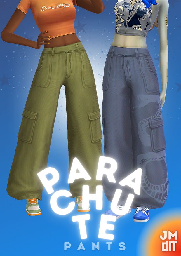 two women standing next to each other in front of a blue background with the words para chute pants