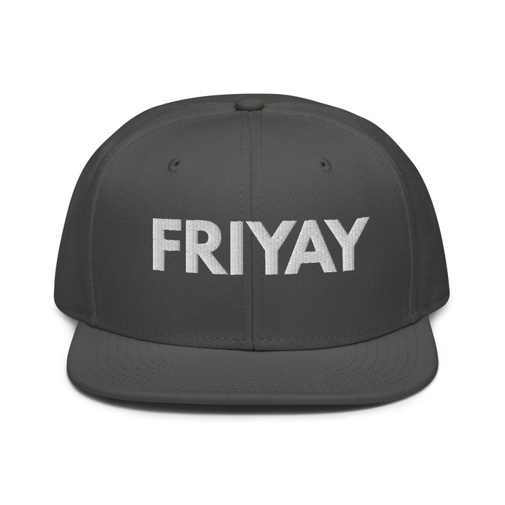 Get ready for the weekend vibes with our FRIYAY Mesh Back Snapback Hat! Crafted for style and comfort, this trendy headwear is perfect for embracing the Friday spirit. Snap it back and let the fun begin! Order yours now and step into the weekend in style! This is the snapback of your dreams! It's structured and high-profile, with a flat visor and a subtle grey under visor. • 85% acrylic, 15% wool • Structured, 6-panel, high-profile • Plastic snap closure • Grey under visor • Head circumference: Trendy Fitted Hat With Flat Brim, Trendy Everyday Snapback Hat With Flat Bill, Trendy Everyday Hat With Flat Bill, Trendy Flat Bill Hat For Everyday, The Weekend Vibes, The Friday, Weekend Party, Powerful Art, Let The Fun Begin