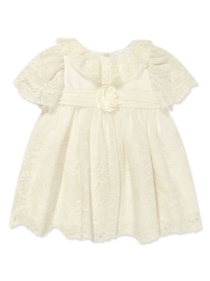 ivory white cotton floral lace appliqué floral appliqué ruffle collar concealed rear zip fastening short sleeves mid-length Ruffle Collar, Lace Midi Dress, Ivory White, Special Occasion Dresses, Mid Length, Floral Lace, White Cotton, Special Occasion