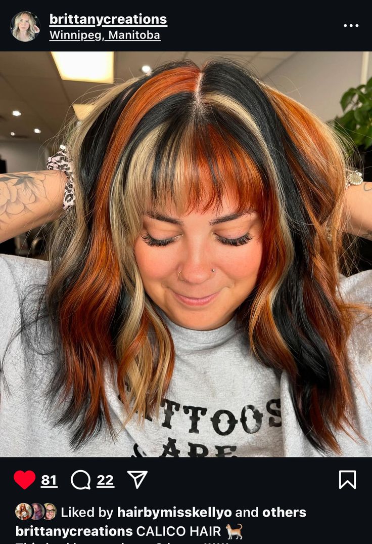 Brown And Other Color Hair, Chunky Fall Hair, Edgy Color Block Hair, Colorful Fall Hair Colors, Blonde Copper And Brown Hair, Brown Hair With Orange Streaks, Chunky Calico Highlights, Calico Hair Placement, Orange Hair With Black Tips