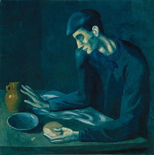 a painting of a man sitting at a table with his hand on a plate next to him