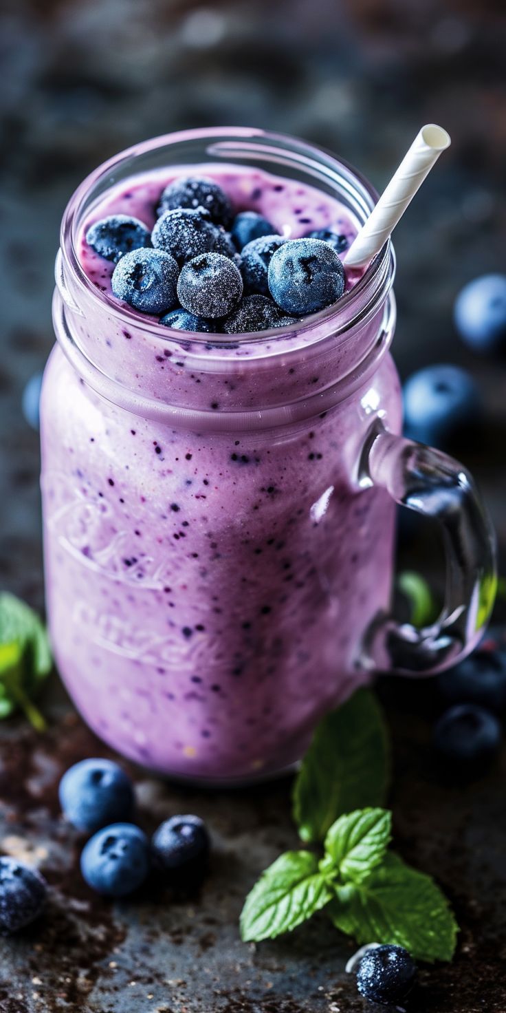 a glass jar filled with blueberry smoothie next to fresh berries and mint leaves