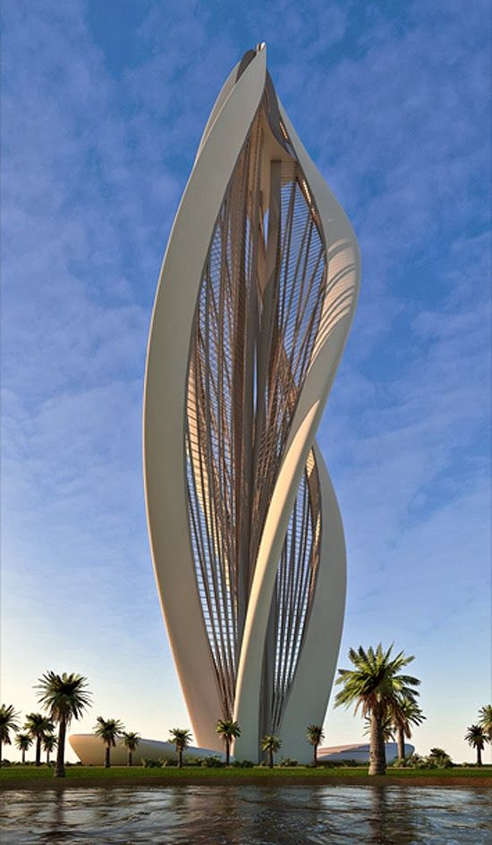 a tall white sculpture sitting on top of a lake next to palm trees and a blue sky