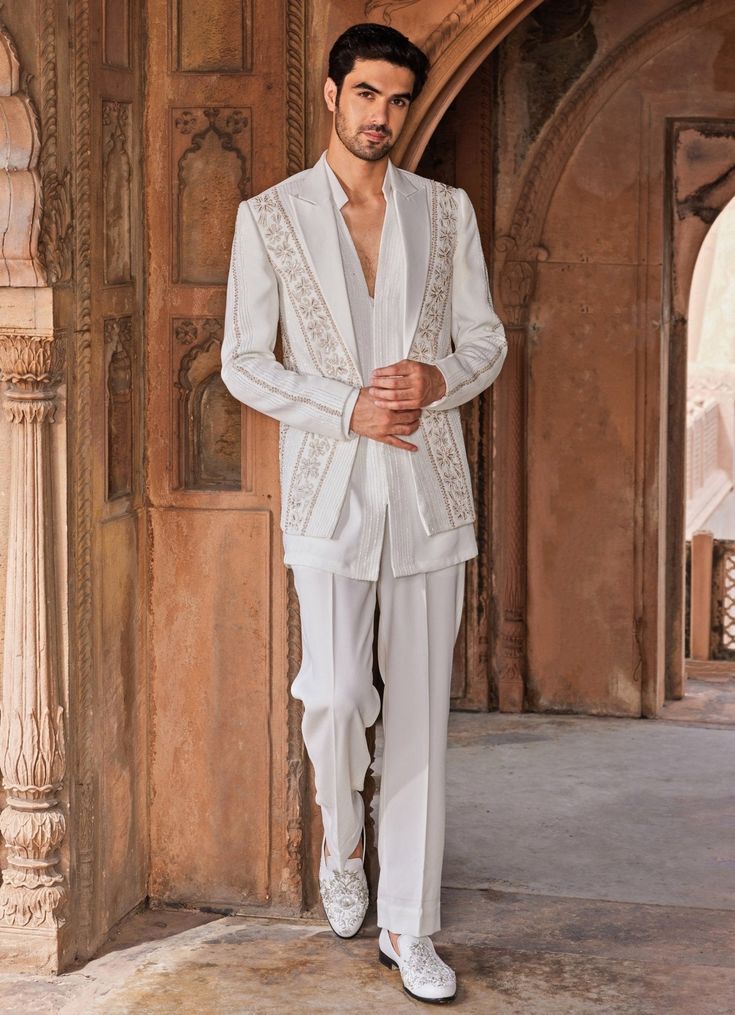 Ivory Embroidered Shirt Set With Jacket Contrast By Parth - Fabilicious Fashion Men Couture, Geometric Pattern Embroidery, Kurta And Pants, Kaftan Kurta, Kurta Lehenga, Wedding Kurta For Men, Prince Coat, Coat Set, Waistcoat Woman